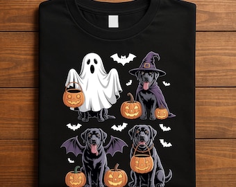 Cute Halloween Dogs Shirt with Costumes, Black Lab Ghost Bat Witch Tee, Funny Dog Lover Halloween Party Tee, Ghost Black Lab Halloween Shirt