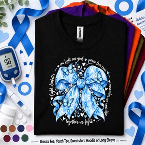 Blue Coquette Bow Diabetes Awareness Shirt, In November We Wear Blue Tee, Butterfly Ribbon Shirt, T1D Support Gift, Peace Love Tee