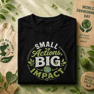May include: Black t-shirt with the text "SMALL Actions, BIG IMPACT" in white and green. A canvas tote bag with the text "THERE IS NO PLANET B" and a World Environment Day card are also visible. The image promotes environmental awareness.