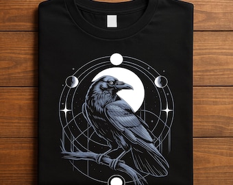 Raven Moon Phase Shirt, Gothic Crow Halloween Tee, Witchy Occult Bird T-Shirt, Cosmic Raven Spirit Animal Shirt, Raven Sweatshirt