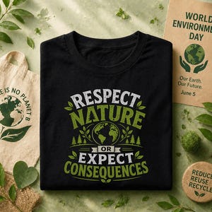 May include: Black t-shirt with the text "Respect Nature or Expect Consequences" in white and green. A canvas tote bag with the text "There is no Planet B" and a "World Environment Day" card are also visible.
