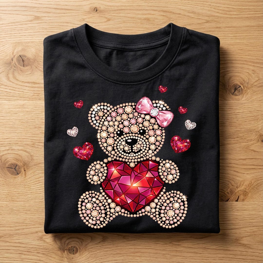 Sparkling Teddy Bear Rhinestone Heart Valentine Shirt Girl Kids | Cute ...