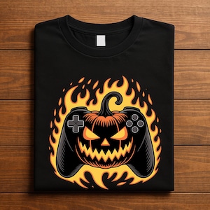 May include: Black t-shirt featuring a Halloween-themed graphic. The design includes a black video game controller with a jack-o'-lantern face, surrounded by orange and yellow flames. The shirt is folded on a wooden surface.