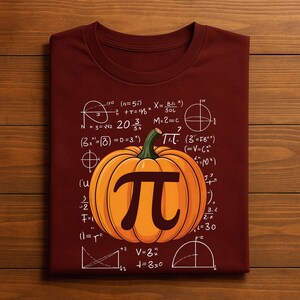 May include: Maroon t-shirt featuring a large orange pumpkin with a black Pi symbol. White mathematical equations and formulas surround the pumpkin. The shirt is folded on a wooden surface.