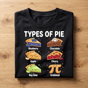 May include: Black t-shirt featuring the text "TYPES OF PIE" above illustrations of pie slices: blueberry, chocolate, apple, cherry, key lime, and irrational. The shirt is folded on a wooden surface.