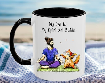 Yoga lover gift for cat owner, Cat Father Mindfulness gift, Father's Day Pet Dad gifts, Boyfriend birthday Cat gift, Cat coffee lover art