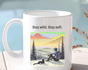 Nature Lover Cat mug for Cat father, Hiking Camping Mug, Outdoorsy Pet Dad Gift,  Boyfriend Coffee lover mug, Father's Day cat lover art