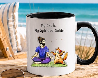 Yoga lover gift for cat owner, Cat Father Mindfulness gift, Father's Day Pet Dad gifts, Boyfriend birthday Cat gift, Cat coffee lover art