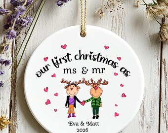Personalized Mr and Ms Xmas Ornament, First Married 2026, Newlywed whimsical Art Love Ornament, Bridal shower Wedding Valentine's Day gift