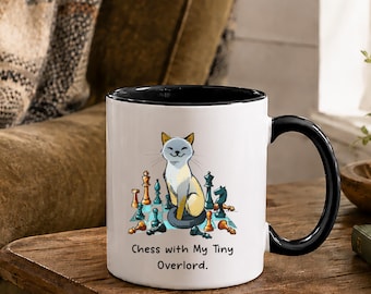 Cat Lover Chessboard Mug, Strategy games gift for Cat Father, Chess lover Pet Dad Coffee Mug, Father's Day Cat Art Mug, Boyfriend cat gift