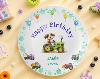 Personalized Tractor Puppy Birthday Plate, Custom Construction Birthday Keepsake, 1st birthday gift, custom toddler name gift, Farm birthday