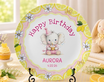 Personalized Elephant birthday Plate, Custom Citrus Lemon Birthday Keepsake, 1st birthday gift, custom toddler name gift, whimsical decor