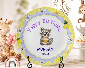Personalized Lemon Raccoon Birthday Plate, Custom 1st Birthday Keepsake Plate, Summer Birthday Grandchild Gift, Custom Toddler Name Gift