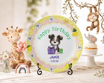 Personalized Dog birthday Plate, Custom Citrus Lemon Birthday Keepsake, 1st birthday gift, custom baby/ toddler name gift, puppy party decor
