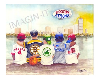 Mixed Race - Boston Strong Print - 8x10/5x7  - Red Sox, Bruins, Celtics, Patriots & Revolution kids watch Boston skyline