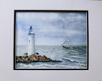 Boston Lighthouse with Clipper Ship