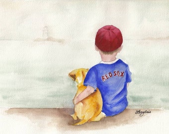 Red Sox Boy - Watercolor Print - 5x7 or 8x10 available