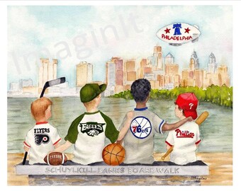 Philadelphia Flyers, Eagles, 76ers and Philly kids - Watercolor Print - 11x14