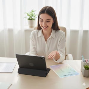 Könnte beinhalten: Eine Frau in einem weißen Hemd lächelt, während sie auf einem Tablet auf einem Schreibtisch blickt. Eine Checkliste mit Pastellfarben liegt auf dem Schreibtisch. Eine kleine Topfpflanze und Stifte befinden sich ebenfalls auf dem Schreibtisch.