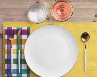 Guardanapos de tecido xadrez arco-íris: pacote com 2 unidades de toalhas de mesa reutilizáveis em algodão e linho.