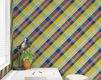 Papel pintado a cuadros retro despegable y adhesivo o preencolado, rayas geométricas modernas de mediados de siglo