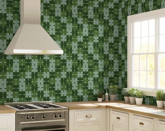 Papel pintado geométrico verde moderno de mediados de siglo, arte de pared de patchwork abstracto retro