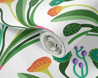 Papel pintado floral atómico de mediados de siglo, decoración de pared geométrica botánica retro, vinilo autoadhesivo para jardín moderno, mural de pared colorido maximalista llamativo.