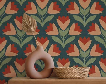 Papel tapiz de tulipanes moderno de mediados de siglo, decoración floral retro de los años 70, revestimiento de pared de terracota verde salvia autoadhesivo, arte popular escandinavo