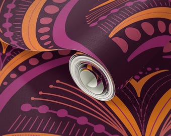 Papel pintado floral retro oscuro: naranja art déco, magenta y ciruela intenso