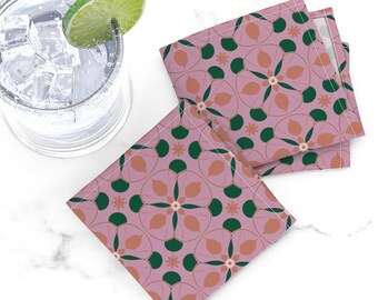 Servilletas de tela de lino y algodón de estilo moderno de mediados de siglo en rosa floral retro - Juego de 4