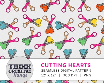 Patrón sin costuras de corazones recortados, papel digital de tijeras y corazones, manualidades para el Día de San Valentín, diseño de papelería dibujado a mano, PNG para uso comercial