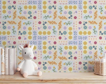 Papel pintado vintage con collage de flores silvestres, diseño floral bohemio, autoadhesivo