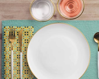 Servilletas de tela: Juego de 4, mezcla de algodón y lino, estampado floral retro amarillo, estilo moderno de mediados de siglo.