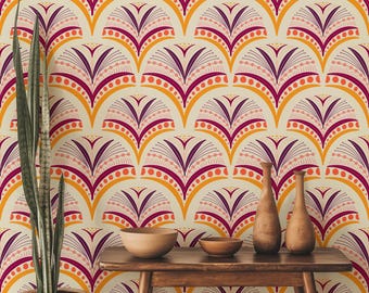 Papel pintado floral retro: Art Déco en tonos naranja, coral y ciruela