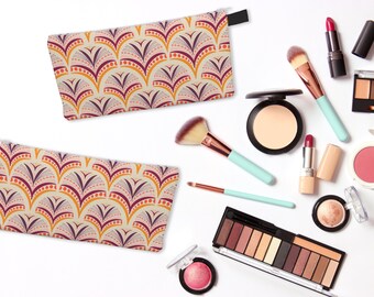 Estuche Art Déco con cremallera y llavero - Estampado floral en abanico naranja, coral y ciruela