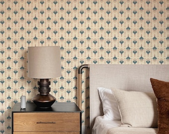 Papel pintado floral escandinavo: autoadhesivo o preencolado en verde azulado, coral y mostaza.