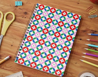 Cuaderno espiral geométrico retro / Estampado floral / A5 rayado
