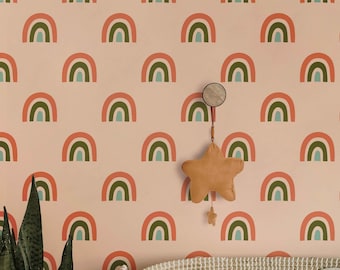 Papel pintado retro de mediados de siglo con diseño de arcoíris, decoración infantil en terracota y verde salvia, diseño geométrico autoadhesivo dibujado a mano, mural de pared para habitación infantil en tonos tierra.