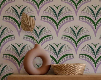 Papel tapiz floral retro suave: patrón festoneado verde y morado estilo art déco