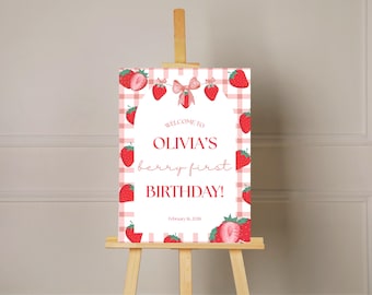 Erdbeere Willkommensschild 18x24 | Beere Erster Geburtstag Willkommensschild | Canva Bearbeitbares Party Schild | Erdbeer-Geburtstags-Dekor