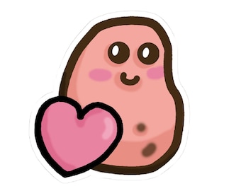May include: A sticker featuring a cartoon potato with a smiling face, rosy cheeks, and a brown outline. A pink heart with a black outline is next to the potato. The potato has two small brown spots.