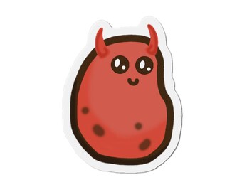May include: A red, cartoon-style sticker featuring a devilish potato character. The potato has a red body with brown spots, a smiling face, and small red horns. The sticker has a white border.