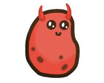 May include: A cartoon illustration of a red potato with devil horns and dark brown spots. The potato has a smiling face with large, round eyes. The outline of the potato is dark brown, and the background is white.