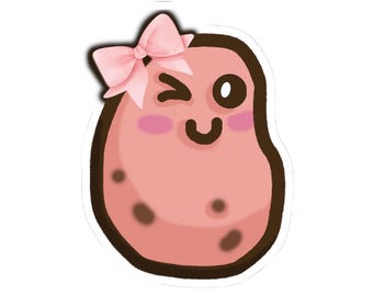 May include: A cute, cartoon-style potato character with a pink body, brown spots, and a dark brown outline. The potato is winking and has a pink bow on its head. The character has rosy cheeks and a smiling mouth.