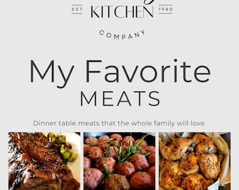 May include: An advertisement for "The Savory Kitchen Company" with the title "My Favorite MEATS." The image showcases various cooked meats, such as a steak, meatballs, and roasted chicken. The text "Dinner table meats that the whole family will love" is also present.