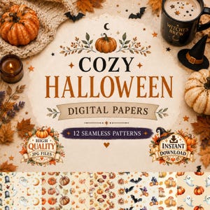 Könnte beinhalten: Ein digitales Papierset mit dem Titel Cozy Halloween mit 12 nahtlosen Mustern. Das Design umfasst Kürbisse, Fledermäuse, Sterne und Herbstblätter. Der Text lautet Cozy Halloween Digital Papers und 12 Seamless Patterns mit Qualitäts- und Download-Symbolen.