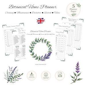 Könnte beinhalten: Ein Botanical Home Planner Set mit 5 Seiten und floralen Akzenten. Enthält einen wöchentlichen Reinigungsplaner, Haushalts-Tracker, Wartungs-Tracker sowie einen Entrümpelungs-Tracker. Mit Illustrationen von Lavendel und grünen Blättern.