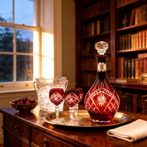 Bohemian Ruby Red Cut-to-Clear Crystal Decanter Set