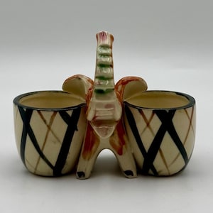 Elephant Ceramic Planter: Vintage Double Bowl - Mid Century Japan