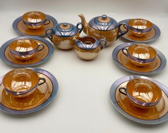 Vintage Japanese Lusterware Tea Set, Blue and Gold Iridescent Glaze